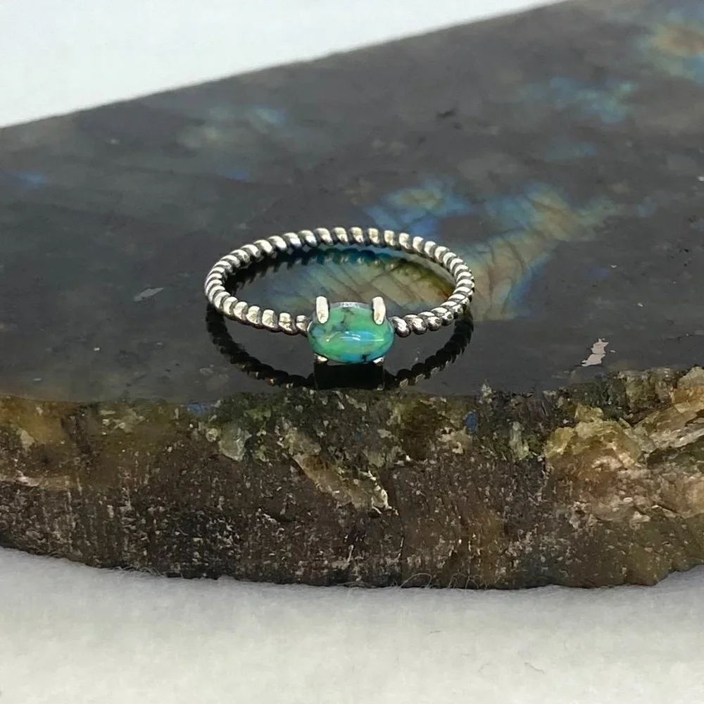 Sterling Silver 925 Minimalist Prong Set Turquoise Twisted Rope Band Ring Sz 6